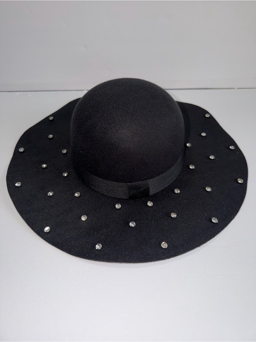 Black Wide-Brim Felt Hat with Rhinestone Accents